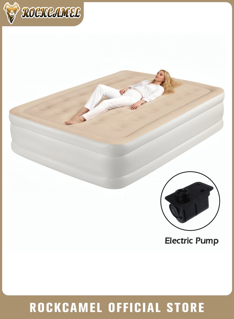ROCKCAMEL Inflatable Mattress with Built-in Electric Pump, Portable Air Bed Sleeping Pad, 3 Layers Double Camping Air Bed Blow up Bed with Storage Bag for Camping Travel Home, Beige (205*152*48cm) - Image 1